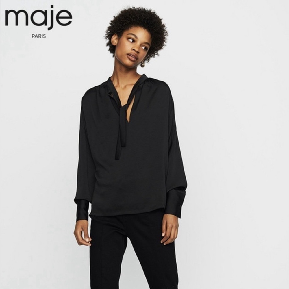 Maje Loiso Tie Neck Blouse Black Satin Crepe Size 1 Long Sleeve Top